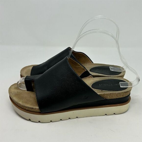 Josef Seibel Black Leather Wedge Toe Loop Sandals Size 38 Cushioned Footbed - Picture 7 of 13